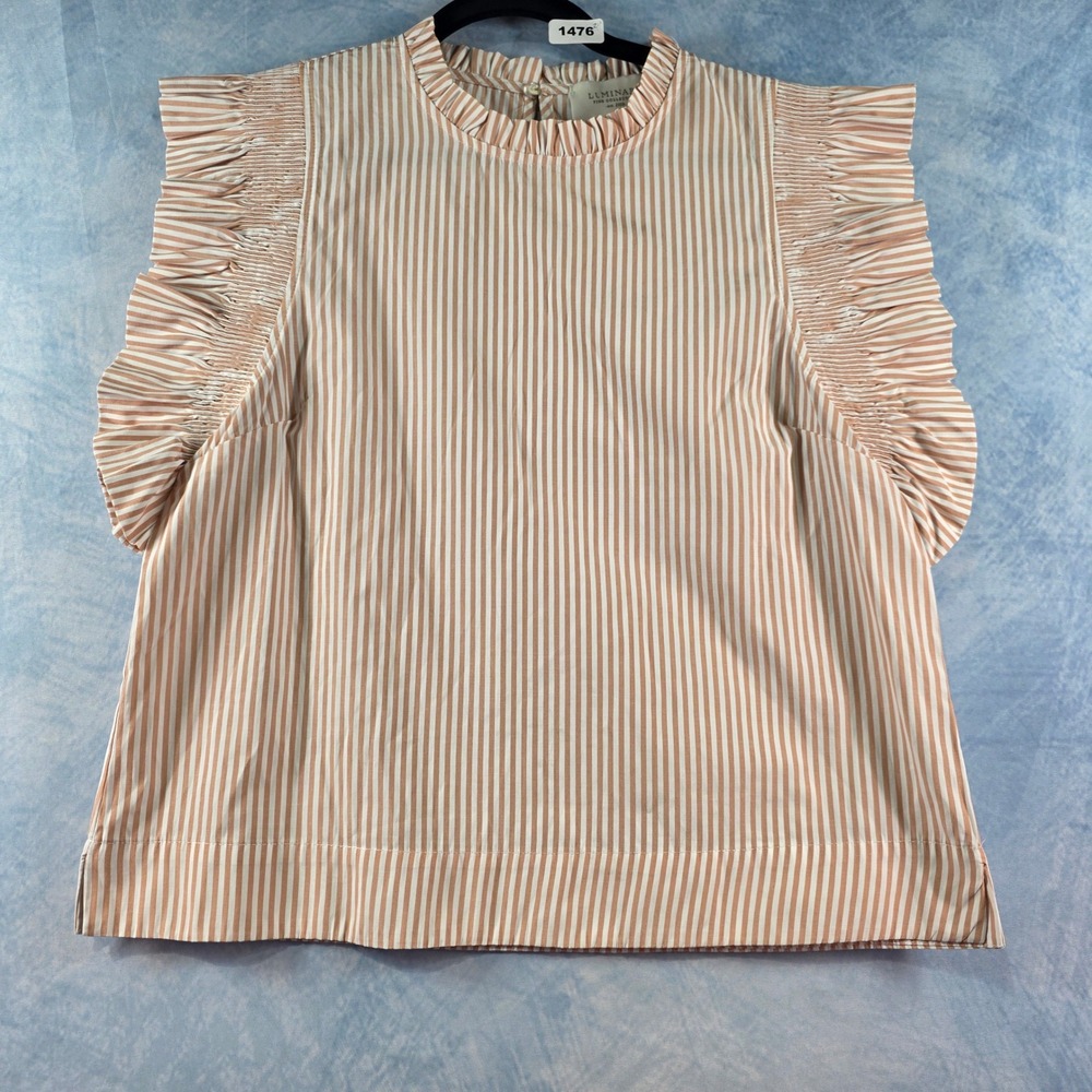Luminary Fine Collection Tan White Striped Ruffle Neck Sleeveless‎ Blouse Top L